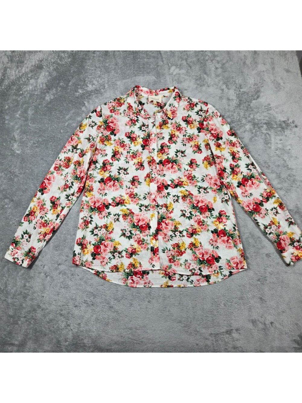 Sezane Top 38 / 6 White Pierro Floral Rose Bouquet Swiss Dot Button Up Blouse